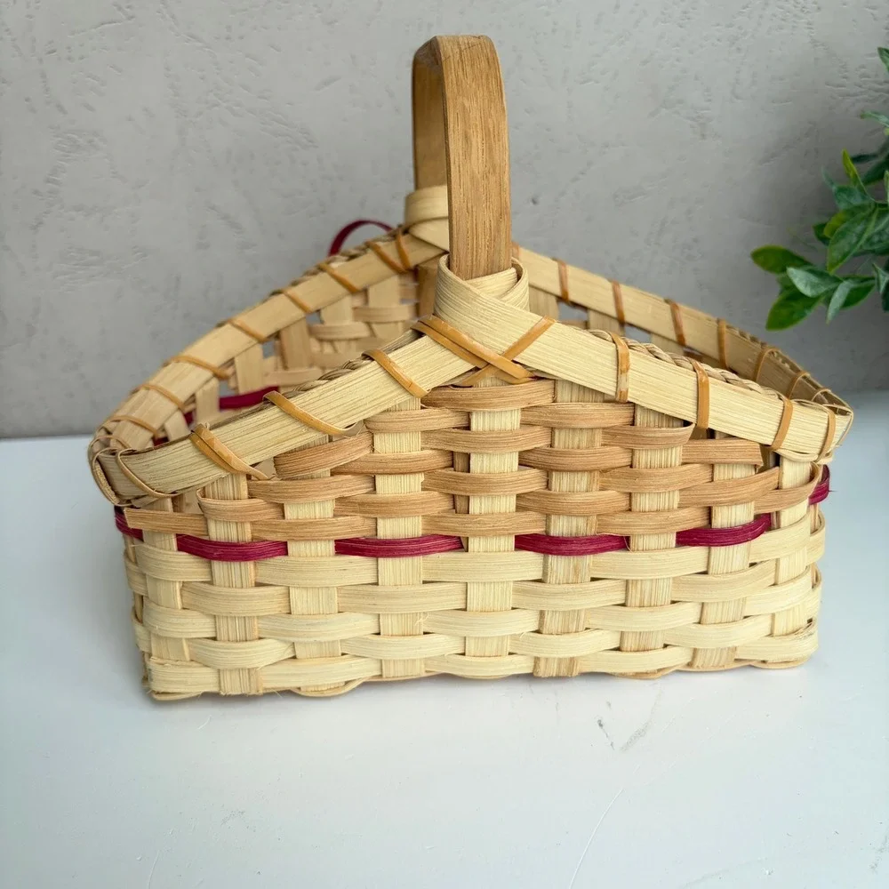 Handwoven Wood Splint Basket with Red Bow and Fixed Handle Natural 8.5 Inch